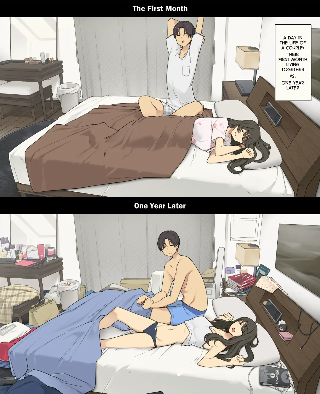 [Wakamatsu] Dousei Seikatsu Ikkagetsume to Ichinen Ato, Asaokite kara Shuushin made no Hikaku | A Day in the Life of a Couple: Their First Month Living Together vs. One Year Later Fhentai - Page 1