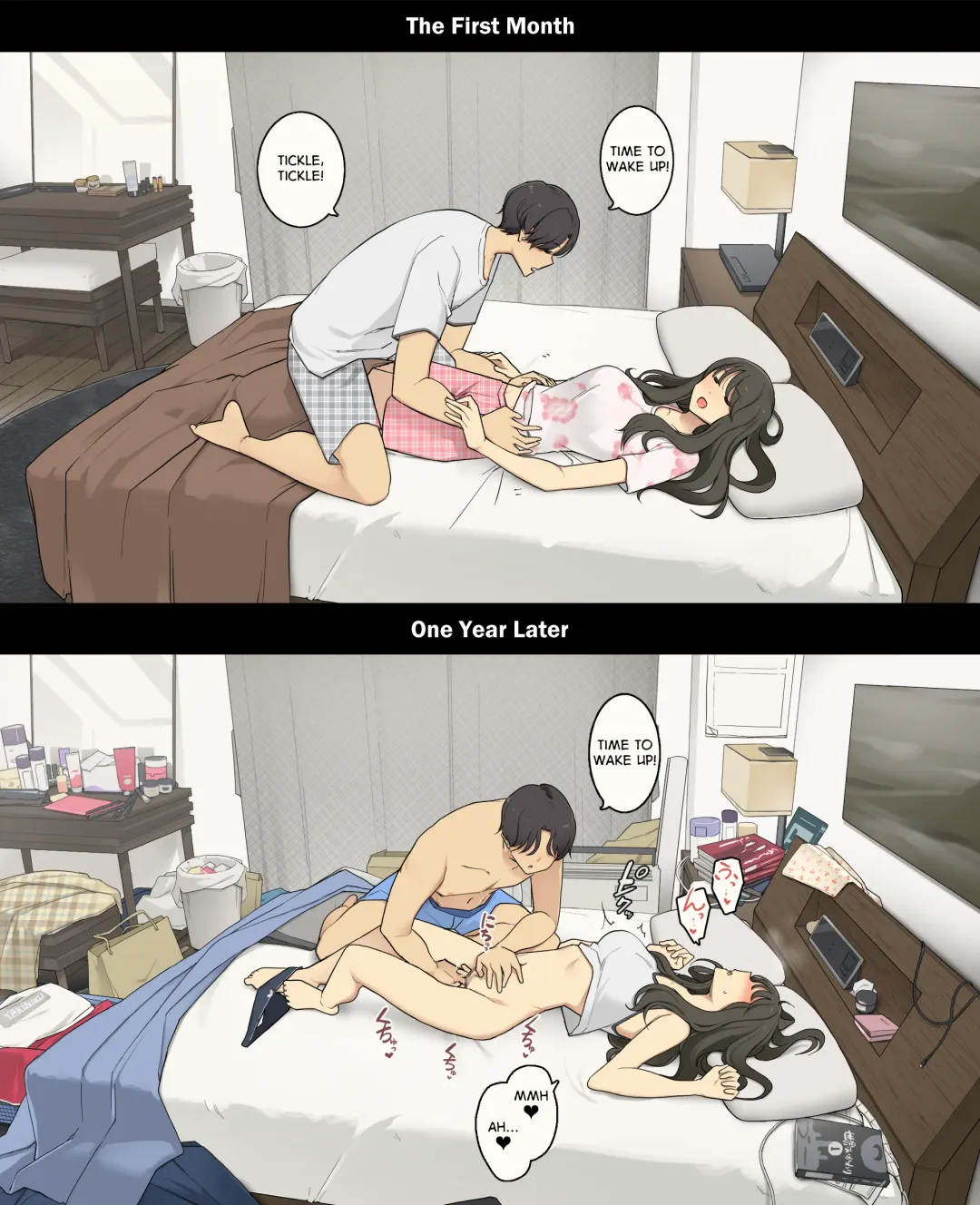 [Wakamatsu] Dousei Seikatsu Ikkagetsume to Ichinen Ato, Asaokite kara Shuushin made no Hikaku | A Day in the Life of a Couple: Their First Month Living Together vs. One Year Later Fhentai - Page 2