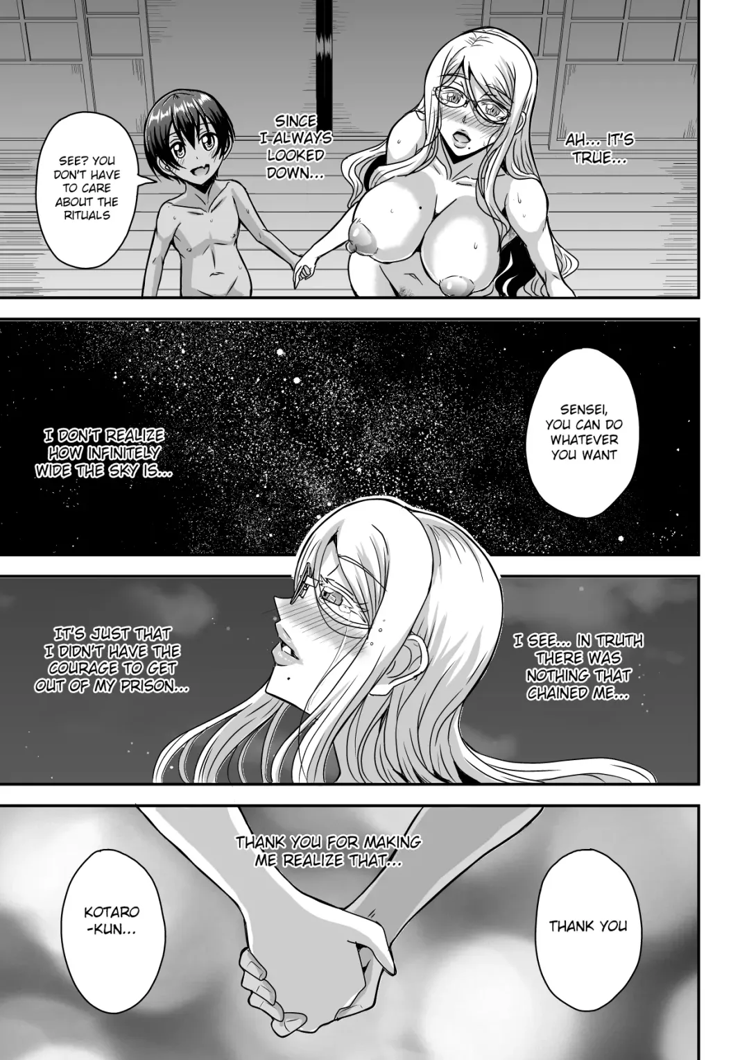 [Mifune Seijirou] Bakunyuu Hitozuma Kinpatsu Gaikokujin Jokyoushi ga Mura no Inshuu de Kasshoku Shota no Fudeoroshi o Suru Hanashi Fhentai - Page 44