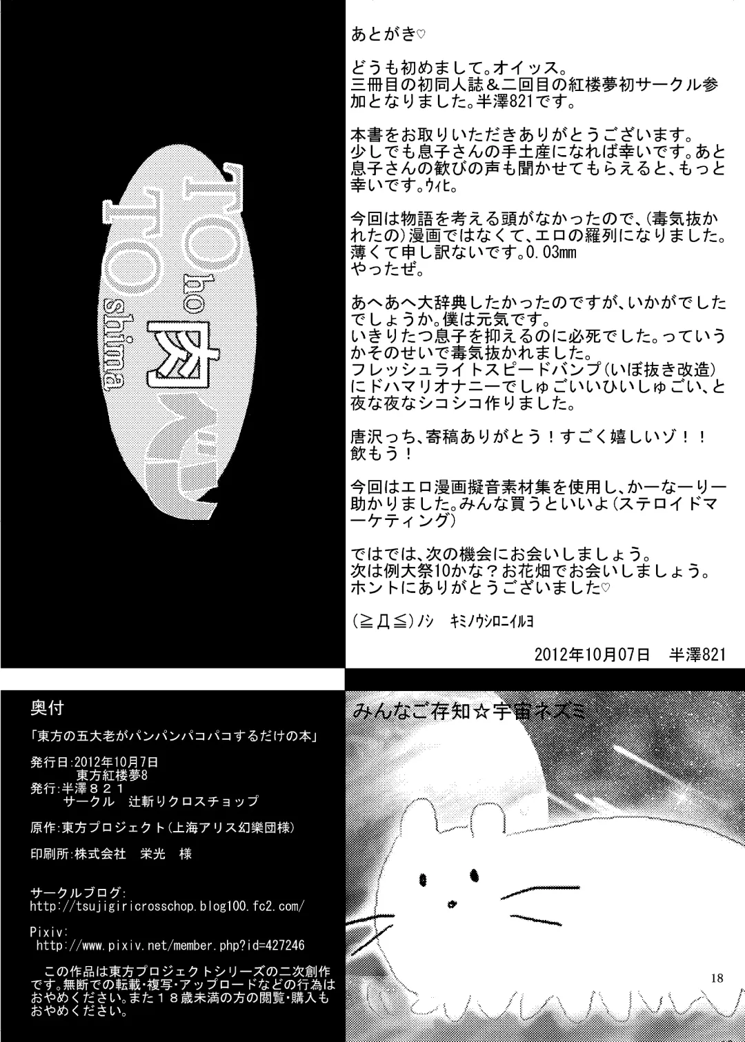 [Hanzawa 821] Touhou no Gotairou ga Panpan Pakopako suru dake no Hon Fhentai - Page 17